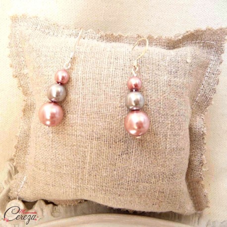 boucles oreilles mariage rose gris perles pendantes