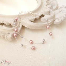 Bracelet mariage rose gris perles double rang personnalisable "Mina"