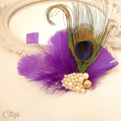 Accessoire mariage violet doré bijou de coiffure plume de paon voilette rétro chic