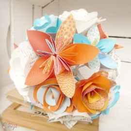 Bouquet de mariage origami bleu turquoise ciel orange fleurs de papier personnalisé