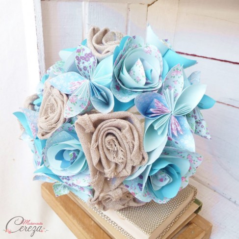 Bouquet de mariée original, boutonnière sur-mesure tons bleu et lin jute origami tissu