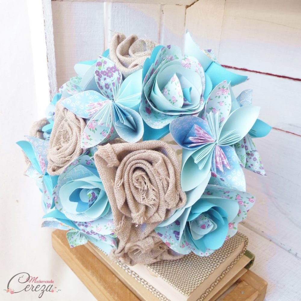 bouquet mariée original tons bleu et lin jute champêtre