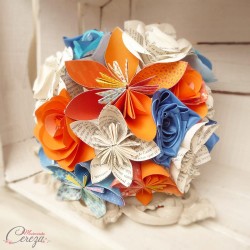 Bouquet de mariee origami orange bleu et fleurs de tissu satin sur-mesure