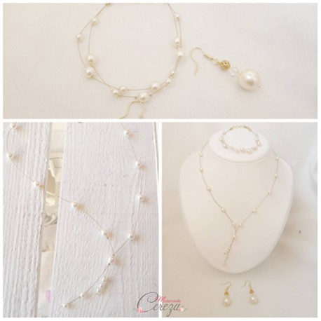 Parure Bijoux Femme Perles & Zircone - Collier, Bracelet, Boucles D'oreilles - Élégant Mariage Soirée