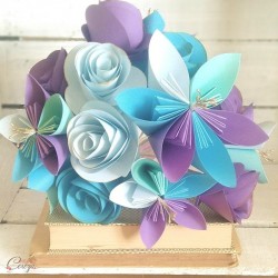 Bouquet de mariée violet bleu doré fleurs de papier "Oh la la !"