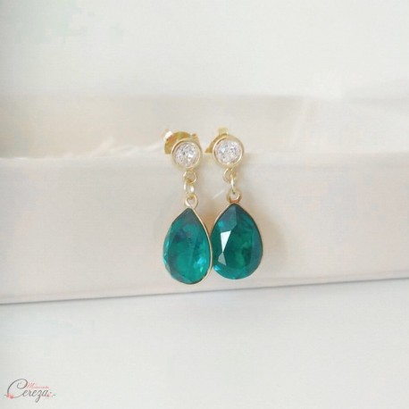 Boucles D'oreilles Pendantes En Verre émeraude Vert Avec Strass Dorés - Style Larme, Fermoir Crochet - Neuf