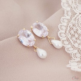 Boucles mariee avec perle poire et strass cabochon tendance minimaliste  "Octavia"