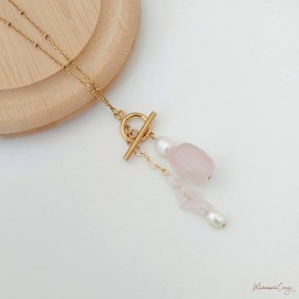 Collier quartz rose perles culture Cascade - Bijou créateur