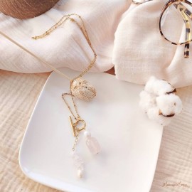 Collier quartz rose perles culture Cascade - Bijou créateur