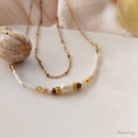 Collier Harmonie or et blanc, perle de culture & perles de verre - Bijou pierre semi-précieuse