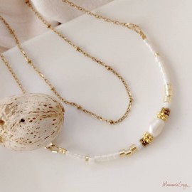 Collier Harmonie or et blanc, perle de culture & perles de verre - Bijou pierre semi-précieuse