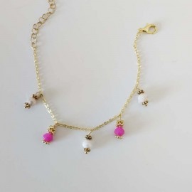 Bracelet charms rose fuchsia blanc - Bracelet breloques