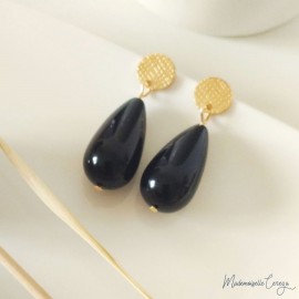 Boucles d'oreille perles goutte noire  - Bijou bohème tendance