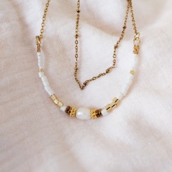 Collier Harmonie or et blanc, perle de culture & perles de verre - Bijou pierre semi-précieuse
