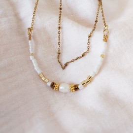 Collier Harmonie or et blanc, perle de culture & perles de verre - Bijou pierre semi-précieuse