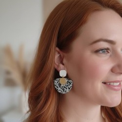 Boucles d'oreille soirée noir blanc or mouchetées  - Bijou précieux