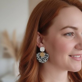 Boucles d'oreille soirée noir blanc or mouchetées  - Bijou précieux