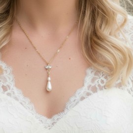 Collier mariée perles et strass zircon serti argent ou or "Calistine"  Bijou mariage 
