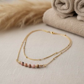Collier rhodochrosite pierre naturelle double rang Rosalia - bijou bohème chic