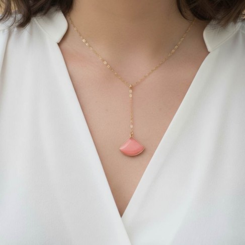 Collier en Y pendentif corail en &eacute;mail - Bijou minimaliste