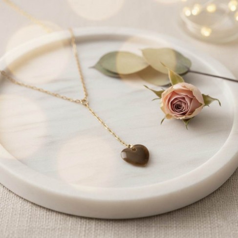 Collier en Y coeur vert kaki en émail - Bijou minimaliste