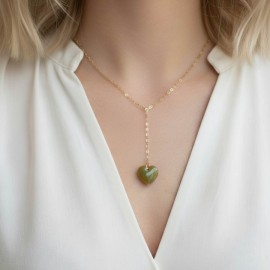 Collier en Y coeur vert kaki en émail - Bijou minimaliste