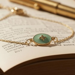 Bracelet médaillon émaillé vert mint doré - Bijou fin