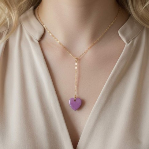 Collier en Y coeur prune violine en émail - Bijou minimaliste