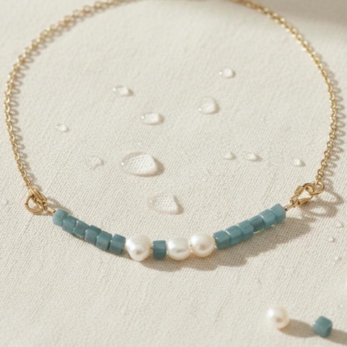 Collier Aqua perles de culture et cubes bleu-vert - Bijou boh&egrave;me chic