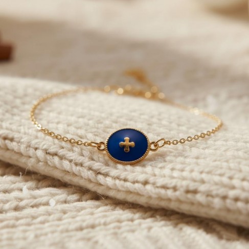 Bracelet bleu marine médaillon émaillé doré - Bijou fin