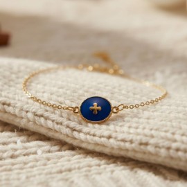 Bracelet bleu marine médaillon émaillé doré - Bijou fin