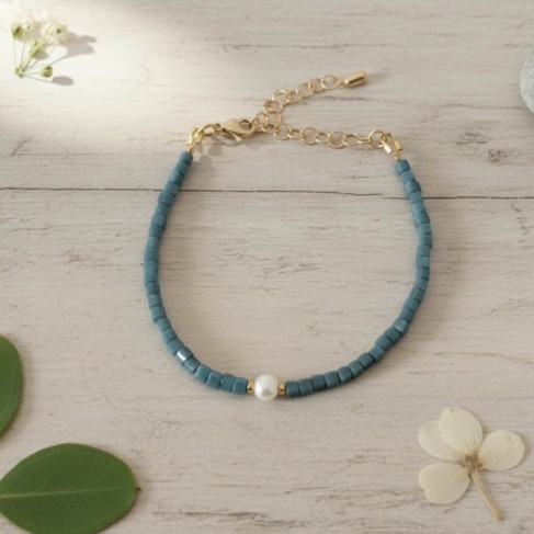 Bracelet Aqua perle de culture et cubes bleu-vert - Bijou boh&egrave;me chic