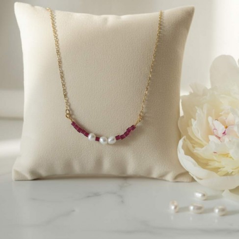 Collier Rosa perles de culture et de boh&egrave;me framboise - Bijou boh&egrave;me chic