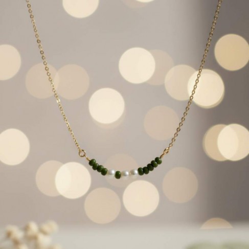 Collier Selva kaki fonc&eacute; perles de culture et rocailles - Bijou boh&egrave;me chic