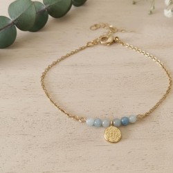 Bracelet pierre naturelle aigue-marine et médaille dorée "Océania"- Bijou porte-bonheur - Bijou pierre naturelle