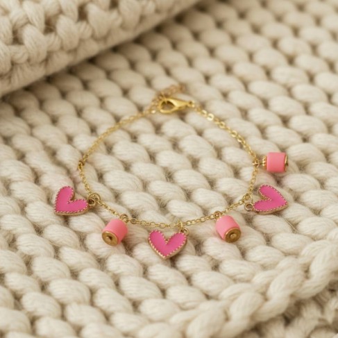 Bracelet charms rose fuchsia et corail dor&eacute; - Bracelet breloques