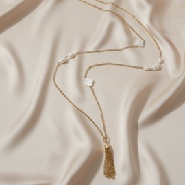 Sautoir "Opéra" chic perles de culture et trèfles en nacre sur chaîne doré "Magdalena" - Bijou créateur