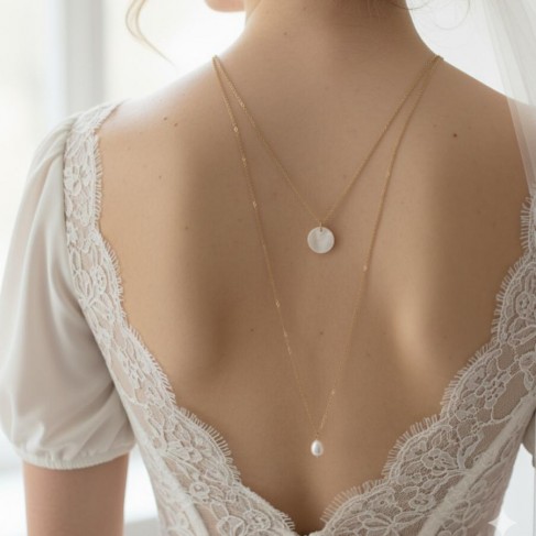 Collier de dos double perles et nacre  "Hortense" - Bijou mariage