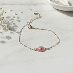 Bracelet médaillon rose émaillé doré - Bijou fin