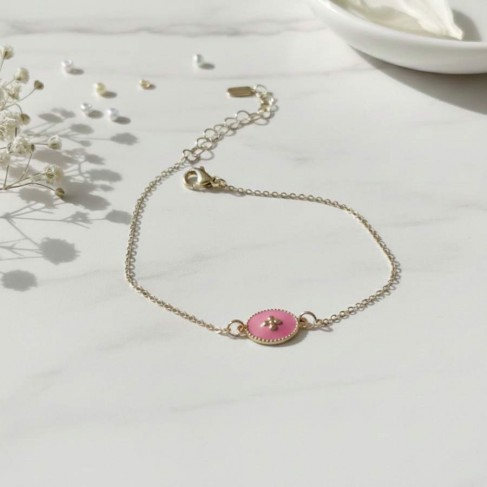 Bracelet médaillon rose émaillé doré - Bijou fin