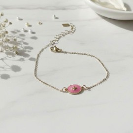 Bracelet médaillon rose émaillé doré - Bijou fin