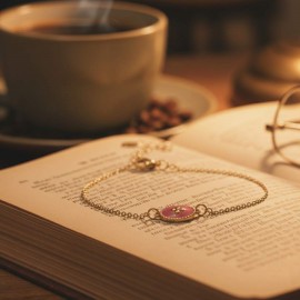 Bracelet médaillon rose émaillé doré - Bijou fin