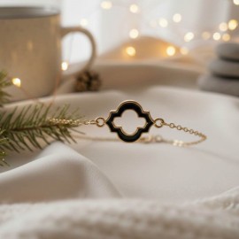 Bracelet fin médaillon noir émaillé doré - Cadeau de Noël idéal