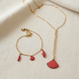 Collier en Y pendentif corail en émail - Bijou minimaliste