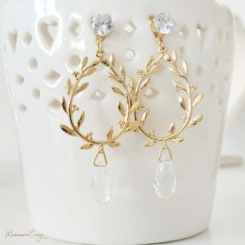 Boucles mariee Swarovski et feuille d'olivier bohème chic "Shana"
