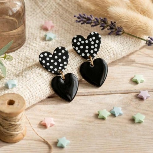 Boucles d'oreilles coeurs noir pois - Bijou tendance