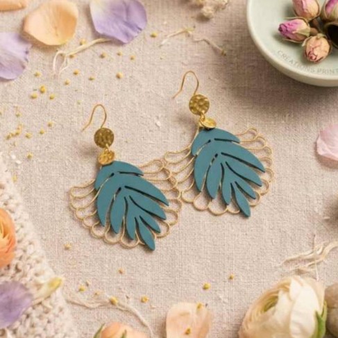 Boucles d'oreilles boh&egrave;mes feuille & &eacute;ventail - Bijou tendance
