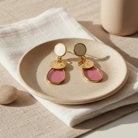 Boucles d'oreille vitrail rouge blanc dore - Bijou pr&eacute;cieux