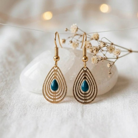 Boucles d'oreille pendantes filigrane dor&eacute; turquoise - Style boh&egrave;me chic