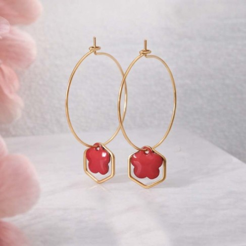 Boucles d'oreilles acier inoxydable corail et dor&eacute;es 
